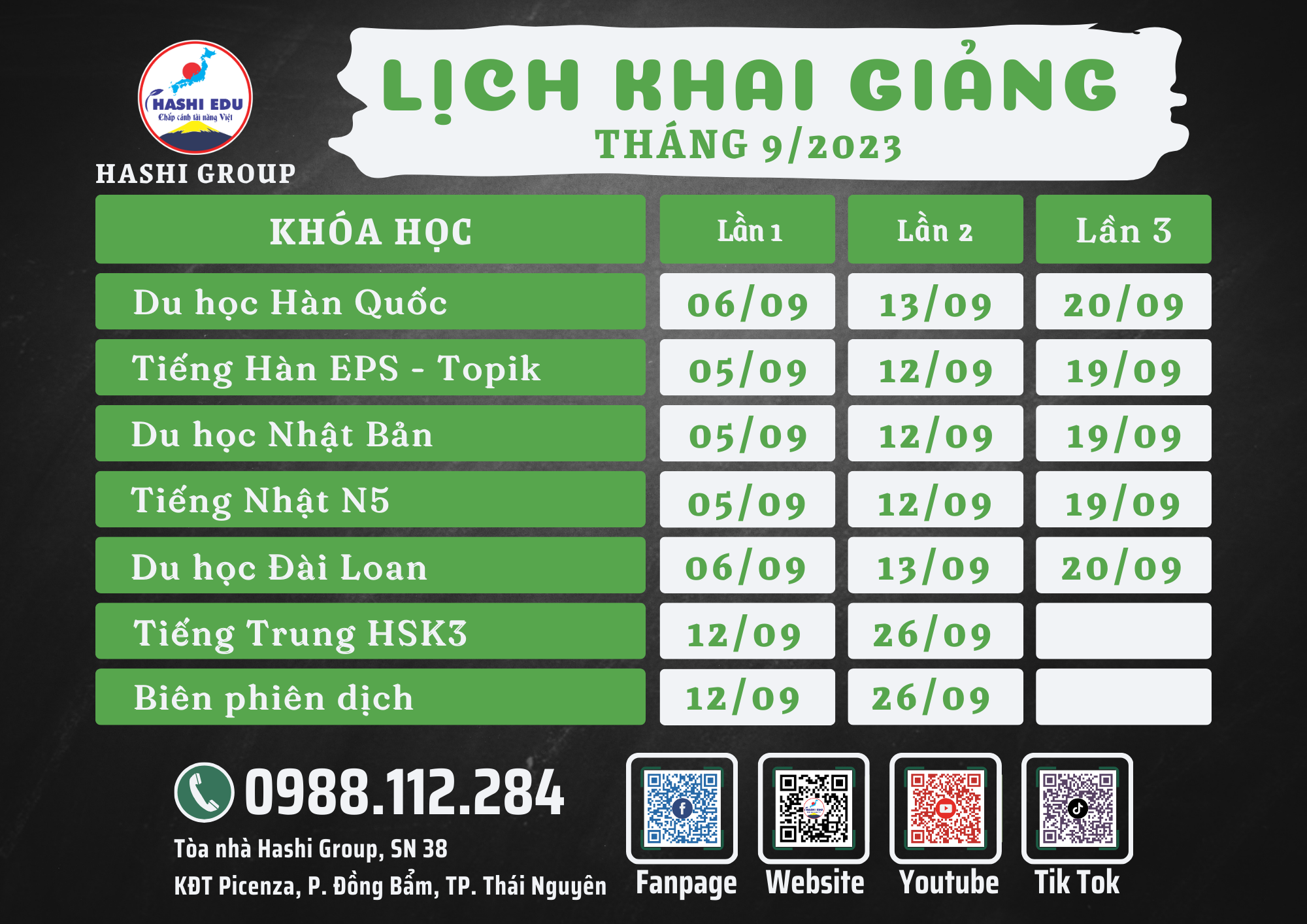 LỊCH KHAI GIẢNG THÁNG 9/2023