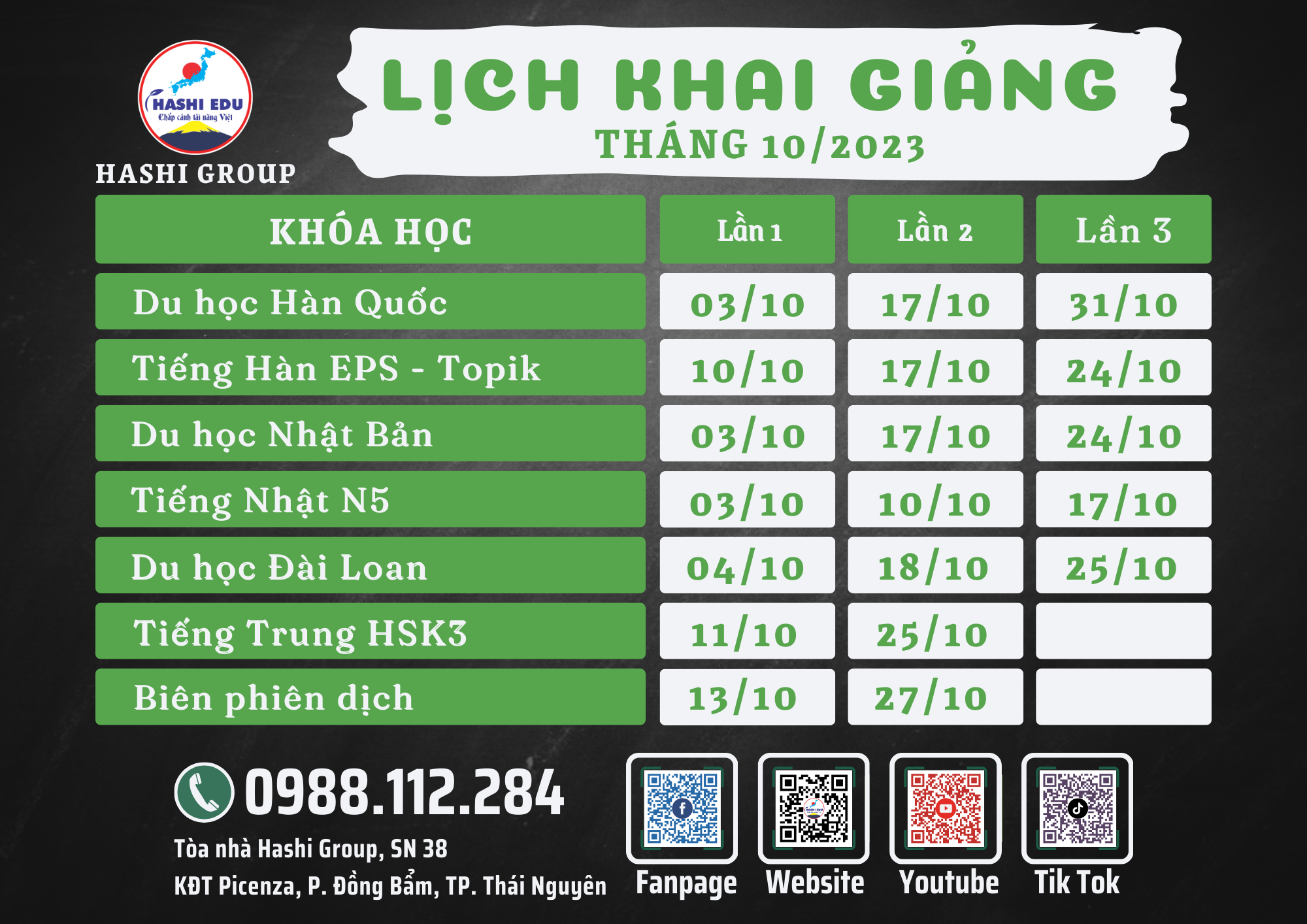 LỊCH KHAI GIẢNG CÁC LỚP THÁNG 10/2023