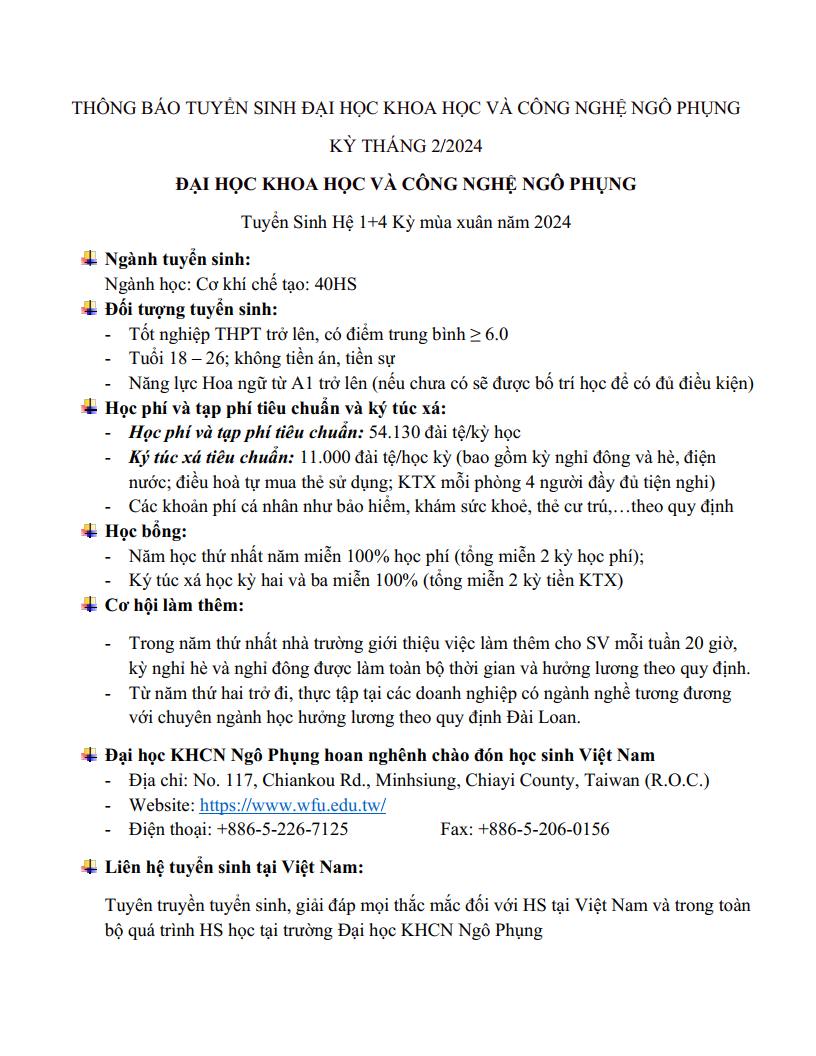 THÔNG BÁO TUYỂN SINH VÀ THÔNG TIN ĐẠI HỌC KHOA HỌC CÔNG NGHỆ NGÔ PHỤNG