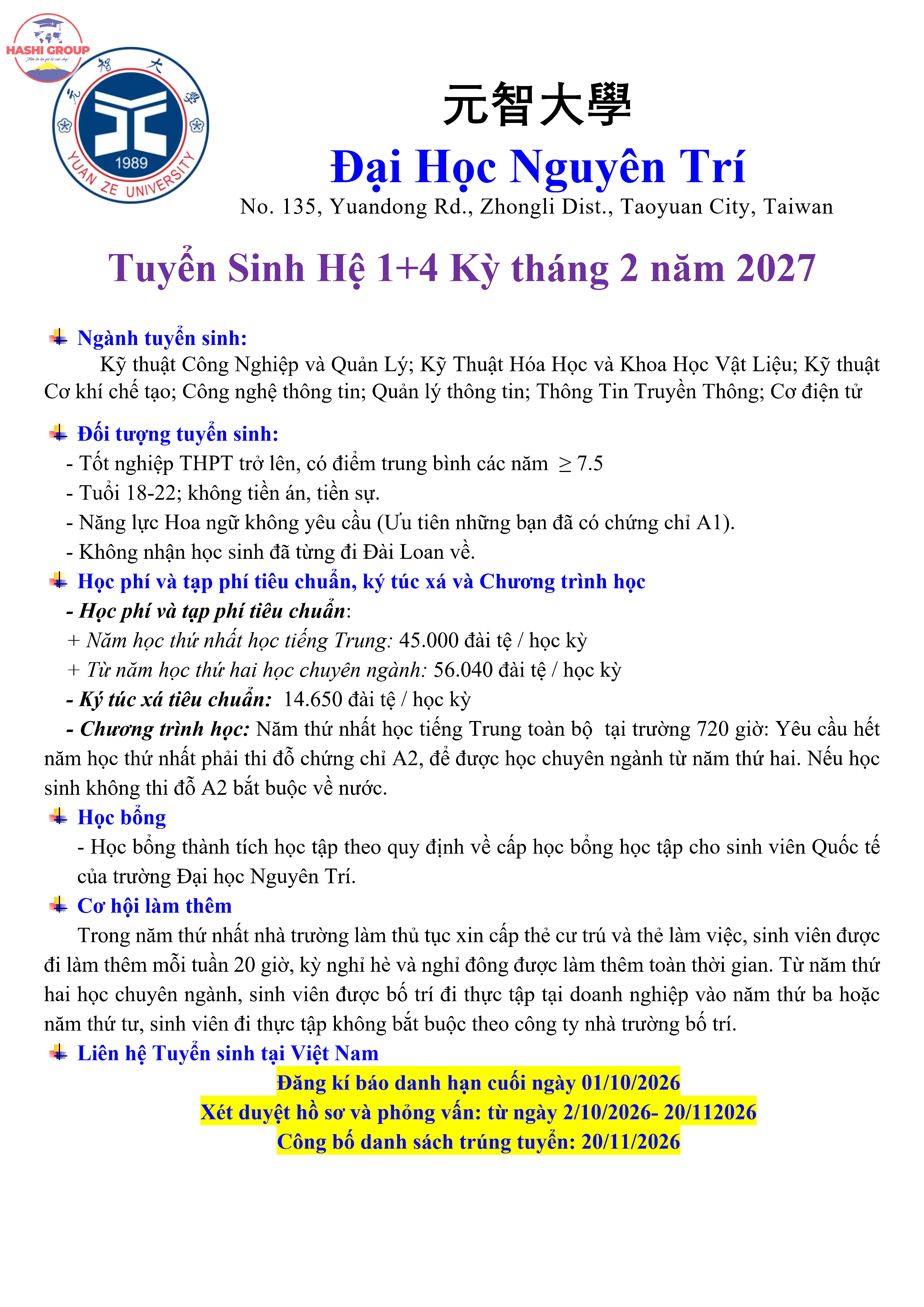 Đại hoc Nguyên Trí hệ 1+4 kỳ tháng 2-2027